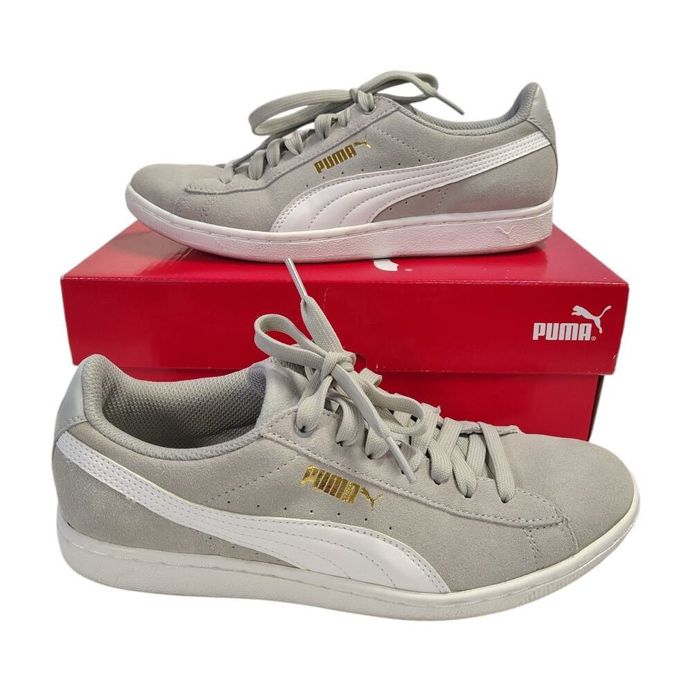 Puma Vikky Womens Size 8 Gray White Athletic Casual Walking Suede Shoes Sneakers